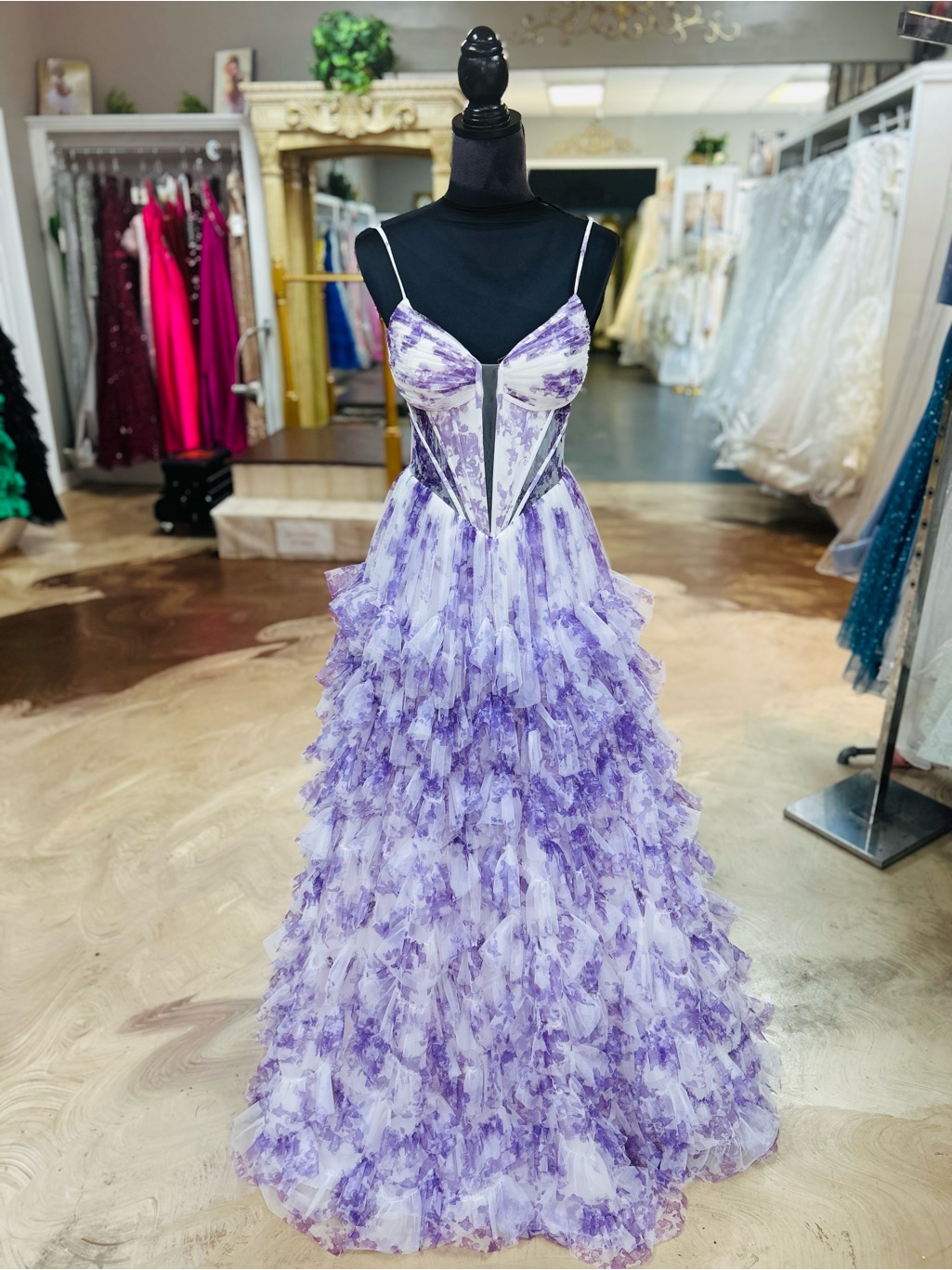 Alyce Paris Lavender & White Ruffled Prom Gown